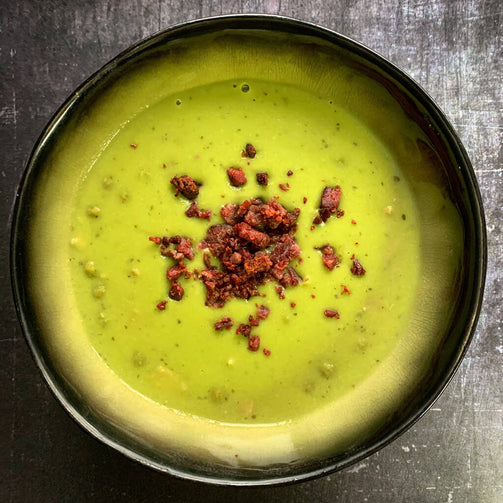 crema de guisantes con chorizo de ciervo precazasa